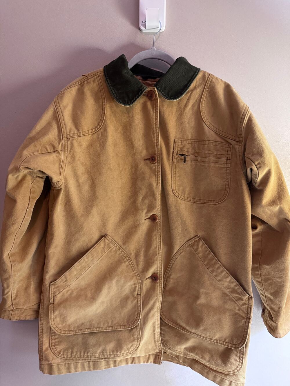 Vintage L.L.Bean Barn Coat Womens M Tan Canvas Plaid Lined Corduroy Collar